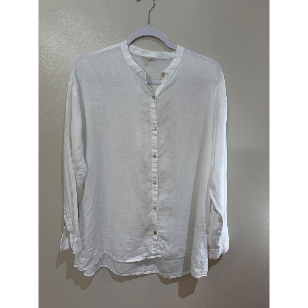 Eileen Fisher White Organic Linen Mandarin Collar Button Down Shirt XS